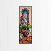 Load image into Gallery viewer, Day of The Dead Inspired Mexican Canvas Painting Framed, Long Narrow Wall Art Print, Spanish Style Home Decor, Contemporary Art Print
