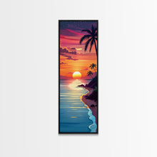 Cargar imagen en el visor de la galería, Coastal Sunset Palm Trees Midcentury Modern Art - Framed Canvas Print, Boho Art, Skinny Art, Living Room Art, Bedroom Decor, Tropical Landscape
