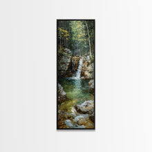 Carregar imagem no visualizador da galeria, Framed Canvas Print Skinny Art of a Serene Waterfall Cascading into a Tranquil Pool in a Lush Forest Landscape, Perfect Tall Art for Nature Lovers
