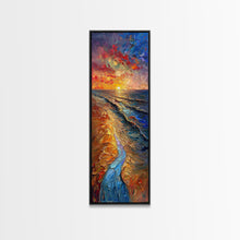 Carregar imagem no visualizador da galeria, Framed Canvas Print Skinny Art of a Vibrant Sunset Over a Rolling Ocean with Dramatic Colors in the Sky and Water, Ideal Tall Art for Modern Spaces
