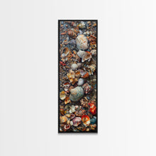 Carregar imagem no visualizador da galeria, Framed Canvas Print Skinny Art of a Variety of Colorful Seashells Arranged in a Textured Pattern, Perfect Tall Art for Beach Themed Rooms
