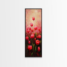 Load image into Gallery viewer, Vibrant Red Tulips in Bloom Against a Soft Pink Background on a Framed Canvas Print Skinny Art Piece
