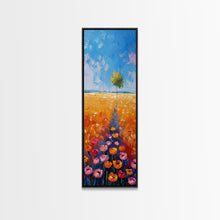 Load image into Gallery viewer, Colorful Wildflowers in a Field with a Lone Tree Under a Bright Blue Sky on a Framed Canvas Print Tall Art Piece
