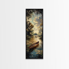 Carregar imagem no visualizador da galeria, Antique Canoe Framed Canvas Print, lake House Decor, Lake Life Wall Art, Tall Wall Art For Small Spaces
