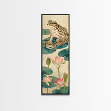Load image into Gallery viewer, Frogs On Lily Pads Canvas In Japanese Ukiyo-e Style, Traditional Woodblock Print, Framed Canvas Print, Tall Skinny Japanese Wall Art, Ready To Hang
