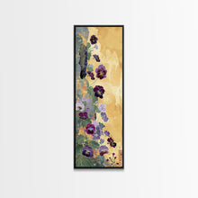 Load image into Gallery viewer, Deep Purple Pansy Flowers Against Textured Gold Background on Tall Vertical Canvas Print for Rich Floral Wall Decor
