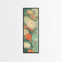 Load image into Gallery viewer, Skinny Art of Chrysanthemums in Soft Pastels with Intricate Petal Design on Framed Canvas Print

