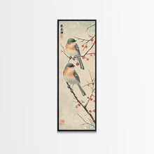 Load image into Gallery viewer, Pair of Birds on Snowy Branches, Japanese Art Framed Canvas Print, Tall and Skinny Wall Art in Ukiyo-e Style
