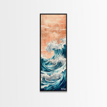 Load image into Gallery viewer, Majestic Wave, Peach Sky, Japanese Art, Skinny Art, Tall Art, Framed Canvas Print, Ukiyo-e Style
