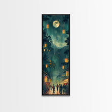 Load image into Gallery viewer, Framed Canvas Print Of A Nighttime Japanese Festival Scene With Lanterns And Pine Trees, Traditional Wall Art Ready To Hang
