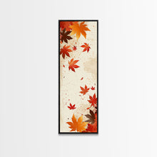 Load image into Gallery viewer, Skinny Art Autumn Leaves In Japanese Style Wood Block Print Warm Red And Orange Tones On Framed Canvas Print, Tall Art Ukiyo-e
