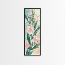Load image into Gallery viewer, Skinny Art Pink Oleander Flowers In Japanese Style Wood Block Print Elegant Pastel Hues On Framed Canvas Print, Tall Art Ukiyo-e
