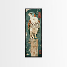 Load image into Gallery viewer, Majestic Hawk Perched On Weathered Stump Textured Background Skinny Art Tall Art Framed Canvas Print Japanese Style Art Ukiyo-e Art Wood Block Print
