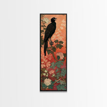 Carregar imagem no visualizador da galeria, Black Bird On Flowering Branch With Orange Background Tall Art Skinny Art Framed Canvas Print Japanese Style Art Ukiyo-e Wood Block Print
