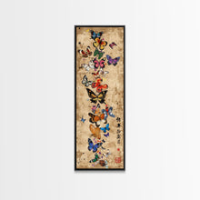 Carregar imagem no visualizador da galeria, Butterflies In Spiral Formation On Light Brown Canvas Tall Art Skinny Art Framed Canvas Print Japanese Style Art Ukiyo-e Wood Block Print
