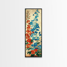 Load image into Gallery viewer, Delphinium Flowers Japanese Garden Art In Traditional Ukiyo-e Style Framed Canvas Print Tall Skinny Wood Block Floral Wall Decor
