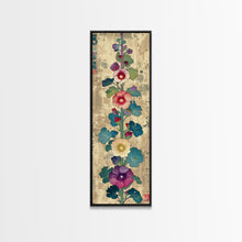 Cargar imagen en el visor de la galería, Colorful Hollyhock Flowers Traditional Japanese Woodblock Style Tall Skinny Framed Canvas Print Wall Art
