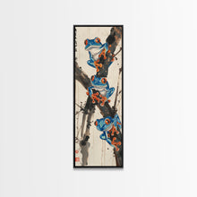 Load image into Gallery viewer, Three Blue Tree Frogs Branches Japanese Tall Wall Art Skinny Framed Canvas Print Ukiyo-e Style
