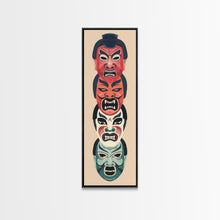 Load image into Gallery viewer, Bold Striking Japanese Kabuki Masks Vibrant Colors Depicted Traditional Style Tall Framed Canvas Print Cultural Home Decor
