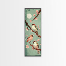 Load image into Gallery viewer, Delicate Sparrows Perched On Cherry Blossoms Under Full Moon Serene Nighttime Setting Captured Tall Framed Canvas Print Nature Scene
