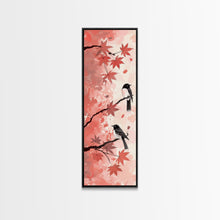 Load image into Gallery viewer, Red and Black Maple Leaves with Birds Perched on Branches Japanese Framed Canvas Print Ukiyo-e Art Skinny Tall Art
