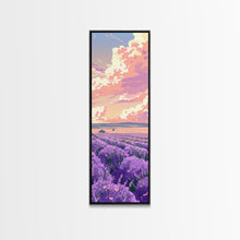 Carregar imagem no visualizador da galeria, Expansive Lavender Field Beneath a Dramatic Cloudy Sky in Warm Pastel Hues Ukiyo-e Art Japanese Framed Canvas Print Skinny Tall Art
