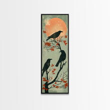 Carregar imagem no visualizador da galeria, Black Crows Japanese Art Skinny Wall Art Framed Canvas Print on Branches with Red Maple Leaves Against Warm Orange Sun
