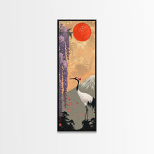 Load image into Gallery viewer, Japanese Crane Skinny Wall Art Framed Canvas Print in a Garden with Wisteria Flowers and Mount Fuji in the Background
