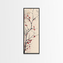 Cargar imagen en el visor de la galería, Minimalist Japanese Tree Branch With Red Berries, Ukiyo-e Woodblock Style Canvas, Framed Canvas Print, Japanese Tall Skinny Wall Art, Ready To Hang
