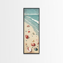 Load image into Gallery viewer, Japanese Style Art Featuring A Serene Beach Scene With Seashells And Gentle Waves, Skinny Art, Tall Art, Ukiyo-e Art, Framed Canvas Print, Wood Block Print
