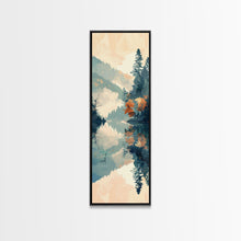 Load image into Gallery viewer, Ukiyo-e Art Depicting A Peaceful Lake Surrounded By Misty Mountains And Autumn Trees, Skinny Art, Tall Art, Framed Canvas Print, Japanese Style Art, Wood Block Print
