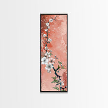 Load image into Gallery viewer, Skinny Art Tall Art Cherry Blossoms Wood Block Print Japanese Style Art With Delicate Branches On Soft Pink Background Framed Canvas Print
