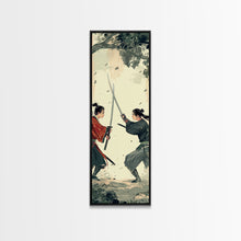 Load image into Gallery viewer, Skinny Art Tall Art Samurai Duel Wood Block Print Japanese Style Art Intense Battle Between Two Warriors Framed Canvas Print
