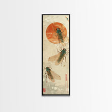 Load image into Gallery viewer, Detailed Depiction Of Cicadas Against Warm Sunset Background Ukiyo-e Skinny Tall Wood Block Framed Canvas Print Japanese Style Art
