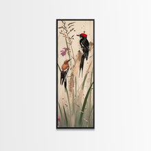 Load image into Gallery viewer, Detailed Woodpeckers Perched On Stems Amid Nature For Rustic Wall Art Ukiyo-e Japanese Style Art Skinny Framed Canvas Print
