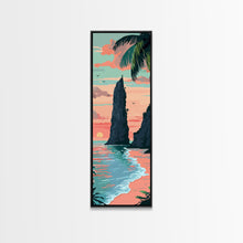 Load image into Gallery viewer, Towering Coastal Rock Formation During Sunset With Palm Trees For Serene Beach Wall Art Japanese Style Framed Canvas Print
