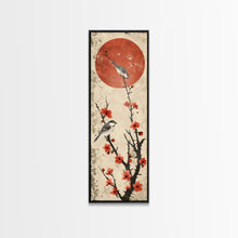 Load image into Gallery viewer, Delicate Birds Perched On Blooming Branch With Red Sun For Traditional Japanese Wall Art Decor Ukiyo-e Style Framed Canvas Print

