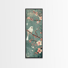 Load image into Gallery viewer, White Bird Perched On A Branch With Blossoms – Framed Canvas Print Combining Skinny Art And Tall Art Inspired By Ukiyo-E Art And Japanese Style Art
