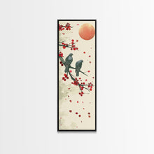 Load image into Gallery viewer, Two Pigeons On Branch With Red Leaves Skinny Art Wood Block Print Japanese Style Art Framed Canvas Print Tall Art Ukiyo-e Art
