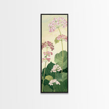 Load image into Gallery viewer, Towering Flower Stalks with Soft Green Leaves against a Pale Background - Skinny Art, Japanese Wall Decor, Framed Canvas Print, Ukiyo-e Style
