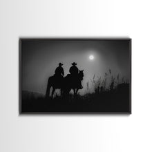 Load image into Gallery viewer, Cowboys Under A Full Moon, Framed Canvas Print, Black and White Western Photography, Wild West Art, Western Decor, Farmhouse Country Art

