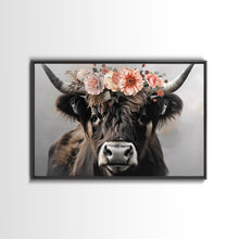 Load image into Gallery viewer, Framed Canvas Wall Art, Cute Cow Wearing Flowers, Farmhouse Decor, Farmhouse Wall At, Extra Large Boho Decor, Modern Art, Minimalist Rustic
