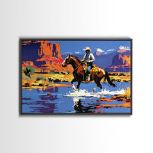 Load image into Gallery viewer, Crossing The Colorado River, Framed Canvas Print, Kitsch Western Wall Art, Colorful Western Painting Original Artwork, Pop Art Painting
