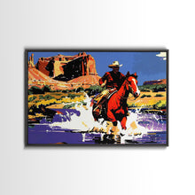 Load image into Gallery viewer, Crossing The Colorado River, Framed Canvas Print, Kitsch Western Wall Art, Colorful Western Painting Original Artwork, Pop Art Painting
