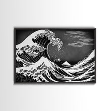 Carregar imagem no visualizador da galeria, Black and White Wave Canvas Print, Hokusai Inspired Wall Art, Woodblock Print Style, Wall Art, Vintage Style Wall Art
