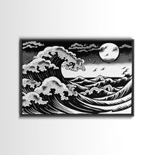 Carregar imagem no visualizador da galeria, Black and White Wave Canvas Print, Hokusai Inspired Wall Art, Woodblock Print Style, Wall Art, Vintage Style Wall Art
