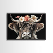 Carregar imagem no visualizador da galeria, Framed Highland Cow With Flowers Painting canvas print Farmhouse art Cattle Wooden background Country wall art Cow print Rustic Wall Art
