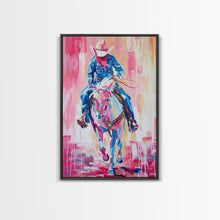 Load image into Gallery viewer, Cowboy Riding in Pink - Colorful Western Art, Framed Canvas Print, Living Room Decor, Cowboy Painting, Vibrant Wall Art
