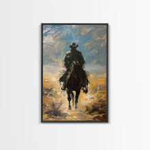 Load image into Gallery viewer, Lone Cowboy Riding into Sunset - Framed Canvas Print, Western Art, Living Room Decor, Cowboy Art for Bedroom, Rustic Wall Art
