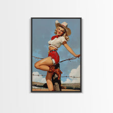 Load image into Gallery viewer, Vintage Cowgirl Pin-Up Art Print, Retro Western Framed Canvas, Classic Pin-Up Girl in Cowboy Hat and Boots, Unique Wall Decor
